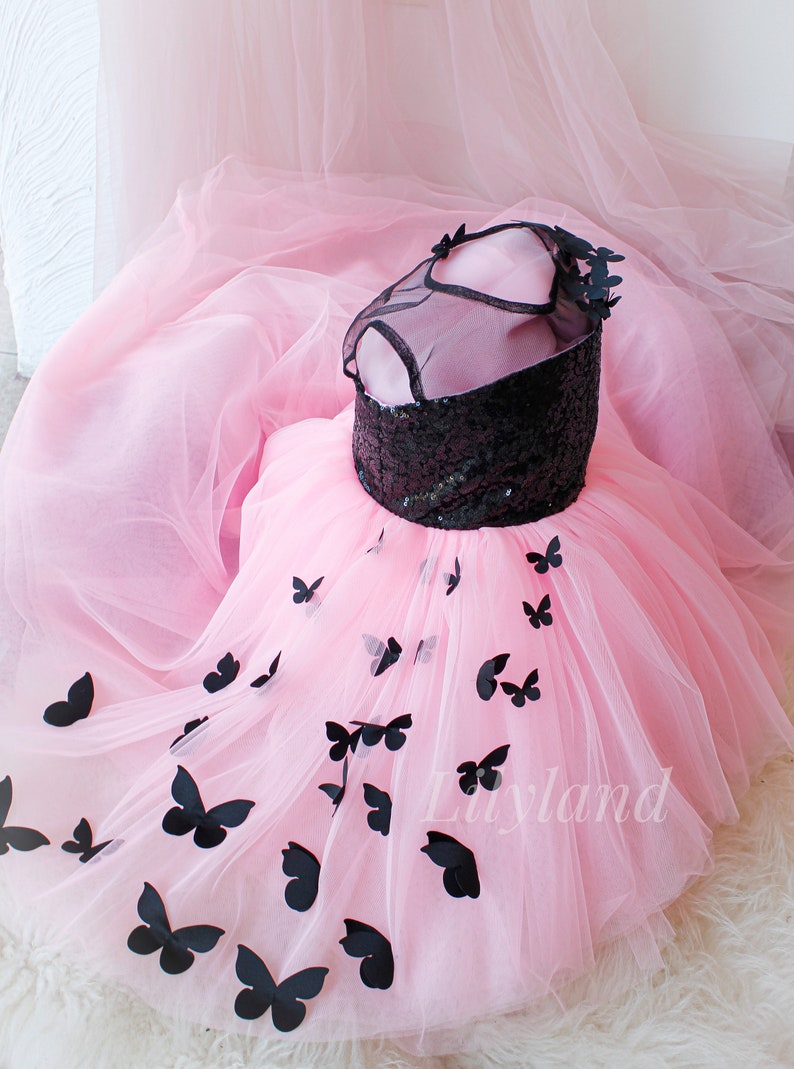Little Girls Butterflies Dress Black Pink Tutu Tulle Dress Etsy