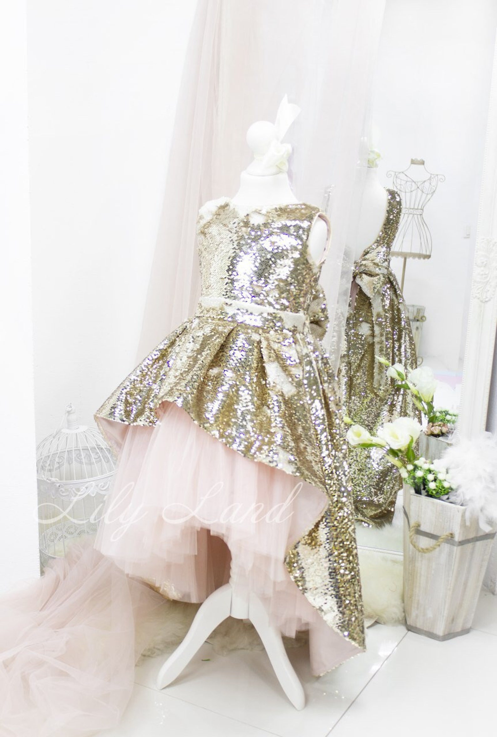 Gold girl dress sparkle sequin dress with train gold toddler Etsy