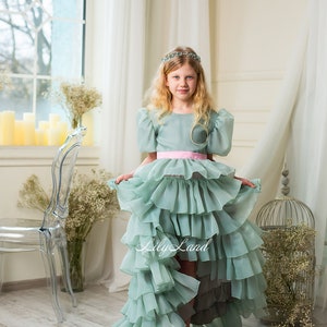 Sage Green Ruffled Graduation Dance Dress, Prom Ball Pageant Gown, Flower Girl Dress, Birthday Baby Dress, Special Occasion Wedding Dress