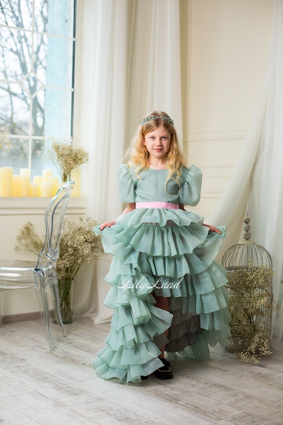 Sage Green Ruffled Graduation Dance Dress, Prom Ball Pageant Gown, Flower Girl Dress, Birthday Baby Dress, Special Occasion Wedding Dress