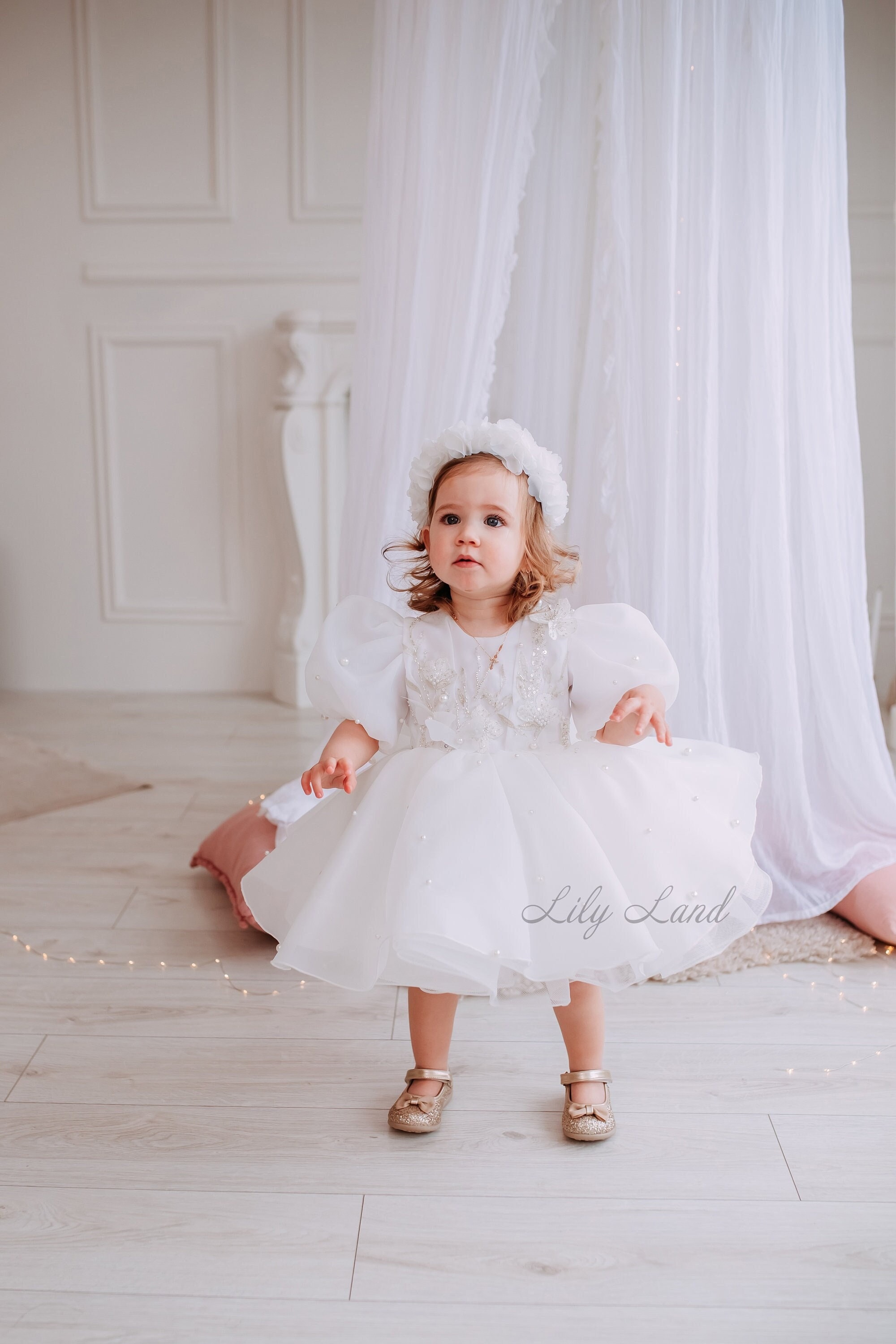 White Pearls Flower Girl Dress Infant First Birthday Baby Dress  display picture 1