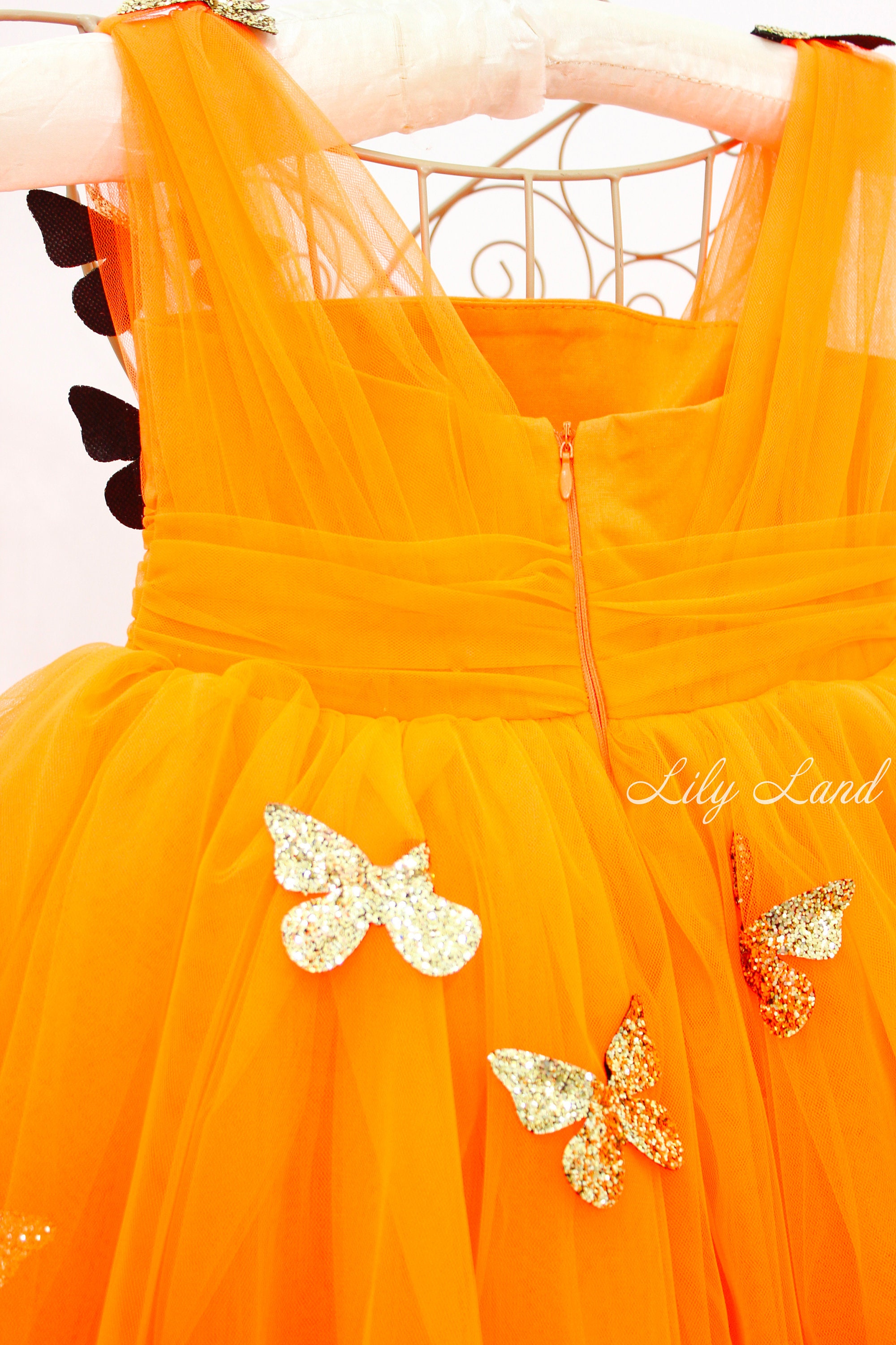 Bright orange baby dress with gold butterflies, Butterfly style birthday girl dress, flower girl dress, first birthday dress, princess dress
