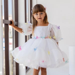 Butterfly White Tutu Puffy Flower Girl Dress, First Baby Birthday Party Dress, Princess Prom Gown, Pageant Toddler Special Occasion Dress