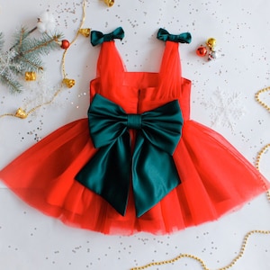Red Christmas dress with green bows for baby girl, Holiday kids dress, cute tulle baby dress, toddler Christmas outfit size 2T 3T, express