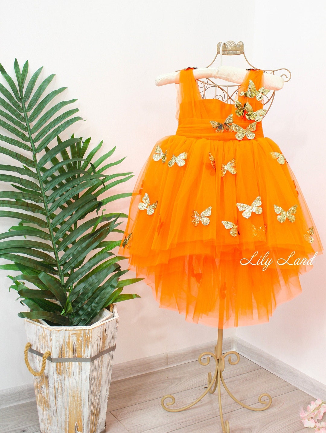 Bright orange baby dress with gold butterflies, Butterfly style birthday girl dress, flower girl dress, first birthday dress, princess dress
