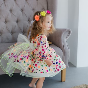 Ivory Tutu Floral Puffy Birthday Baby Dress with Bright Multicolored Flowers, Wedding Guest Flower Girl Dress, Dance Pageant Prom Ball Gown