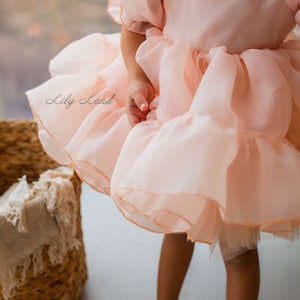 May include: A young girl wearing a peach-colored tulle dress with a ruffled skirt and puffed sleeves. The dress has a square neckline and is decorated with a delicate trim. The girl is standing on a light-colored floor.
