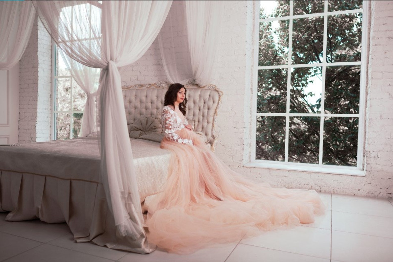 Maternity Elegant Solid Color Lace Photo Dress  