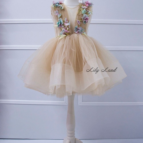 flower theme party dress Ahdbta Girls Tulle Dress Sloping Flower Decor Formal Puffy Princess Maxi  Dress Sleeveless Pageant Wedding Birthday Party Dresses