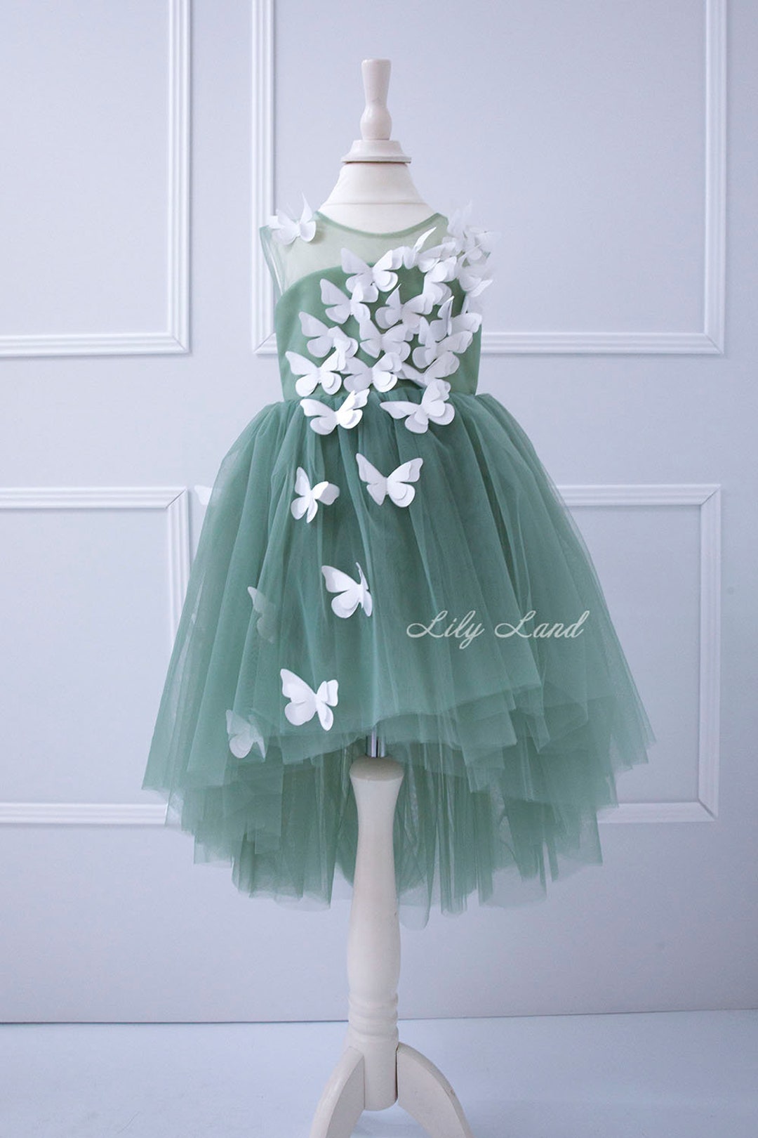 Sage Green Butterfly Dress, First Birthday Party Baby Dress,flower Girl