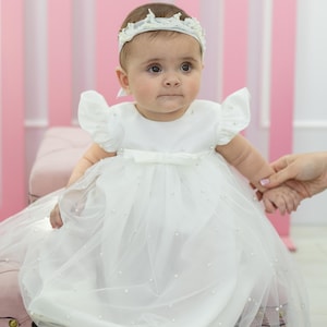 Biały zestaw do chrztu do chrztu, sukienka dla dziewczynki w kwiaty, sukienka dla malucha na specjalne okazje, tiulowa suknia ślubna na bal, prezent na baby shower, pierwsza komunia