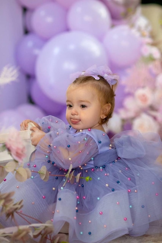 open lace back dress Ivory Satin Flower Petal Baby Dress S-6M / Ivory / Lilac