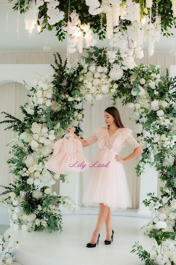 Beige Lace Long Sleeves Matching Mommy Me Dress, Wedding Guest Junior Bridesmaid Mother Daughter Wear, Photoshoot Holiday Prom Birthday Gown Beige Lace Long Sleeves Matching Mommy Me Dress, Wedding Guest Junior Bridesmaid Mother Daughter Wear, Photoshoot Holiday Prom Birthday Gown