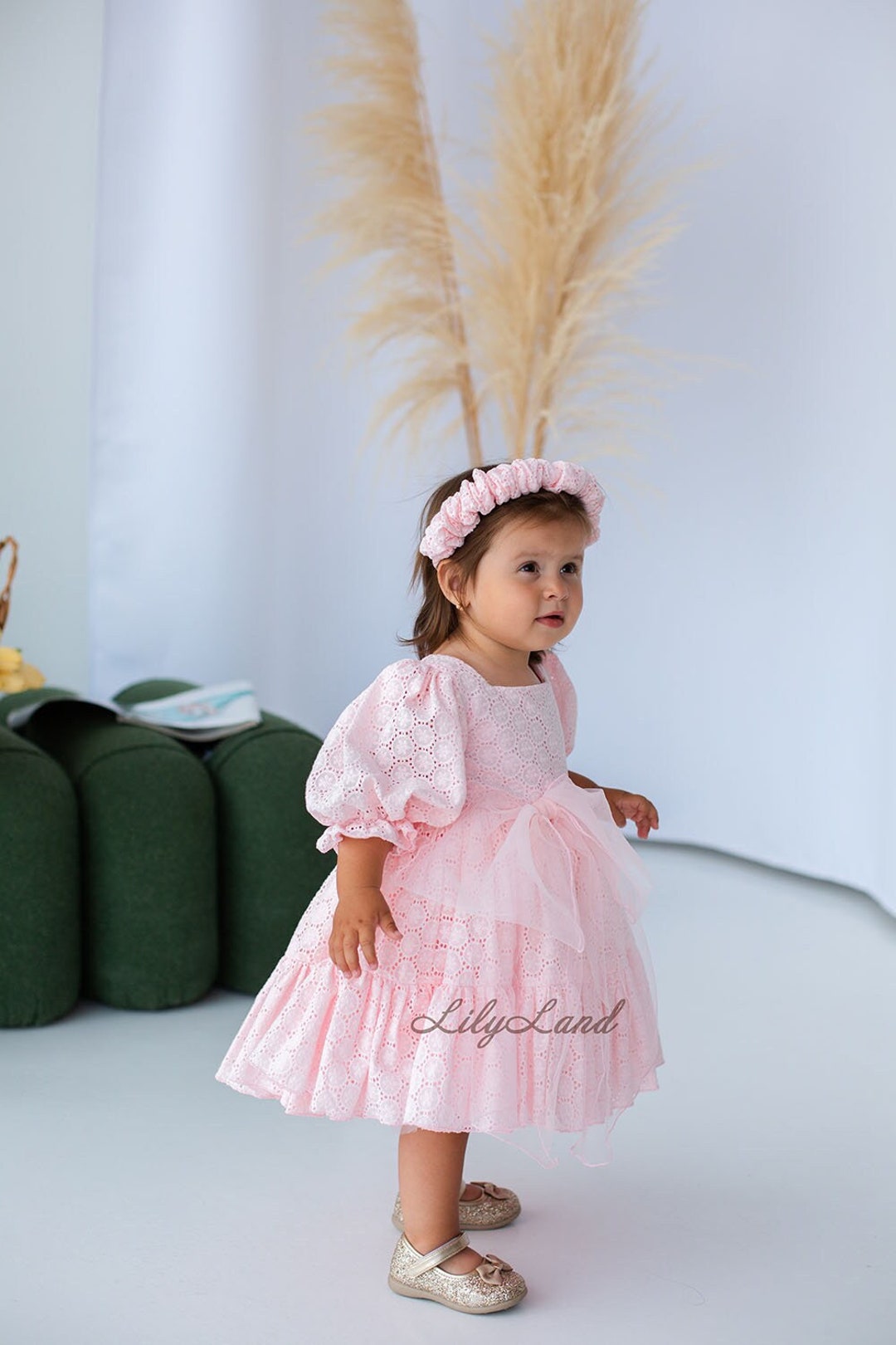 Pink Lace Cotton Birthday Dress With Bows, Flower Girl Dress, Prom Ball