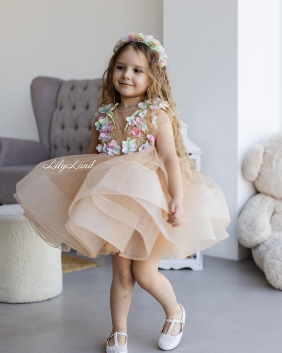 blue dress for baby girl Floral Flowers Girl Dress Knee Length for 1st Birthday Party J404A with Headwear / 12M