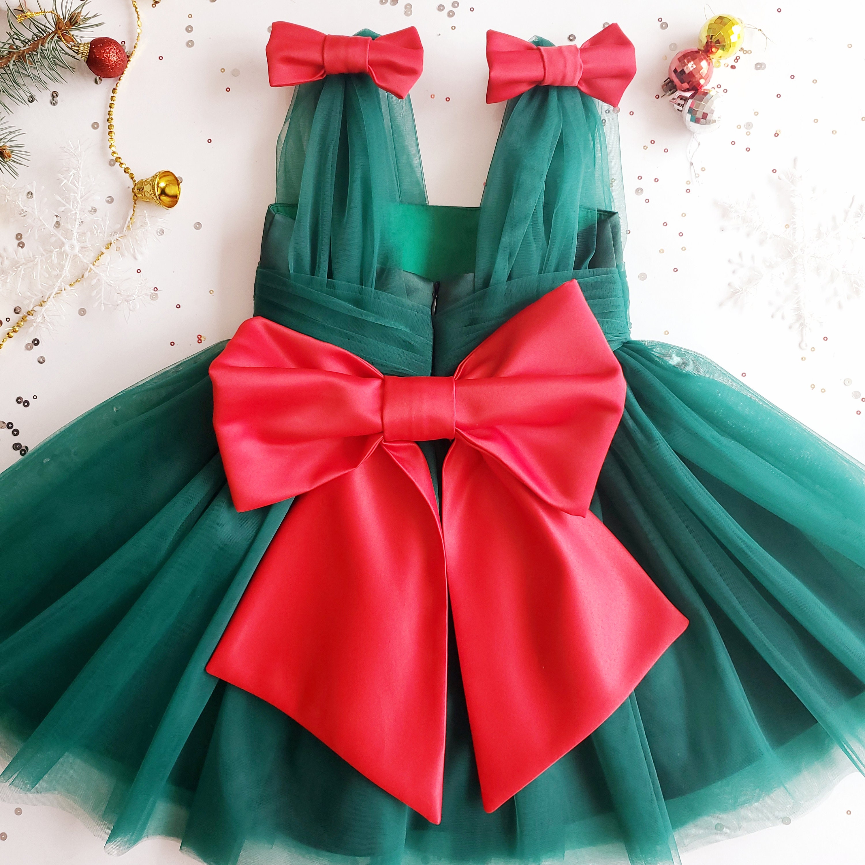 Emerald green Christmas baby dress girls dress red bow Etsy