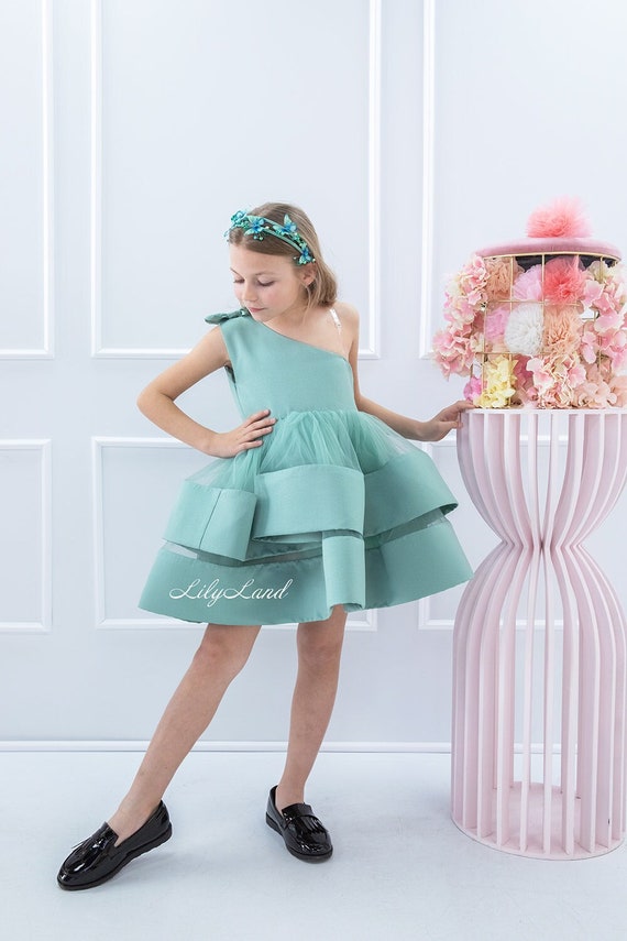 Sage Green One Shoulder Birthday Party Baby Dress, Tutu Flower Girl Dress, Photoshoot Puffy Prom Gown, Princess Dress Dance Special Occasion