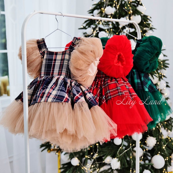 Beige Red GreenPlaid Christmas Baby Girl Dress, Short Puffy Sleeve, Tutu Toddler Dress, Winter Holiday Xmas Photoshoot Costume