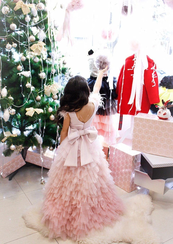 Blush prom dress for girl low high multilayer ruffled tulle skirt open back dress for party birthday girl dress with bow dress with train