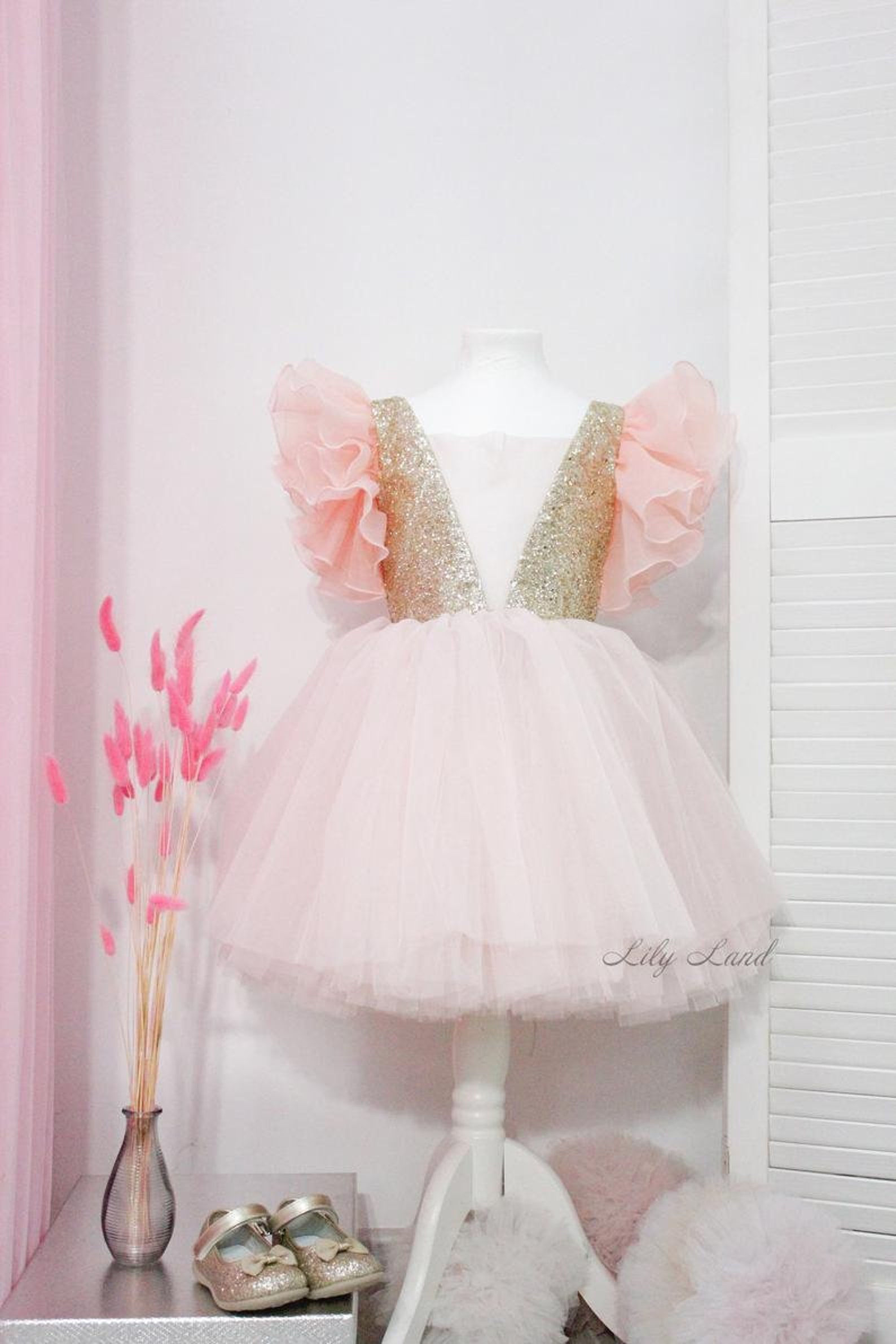 Gold Sparkling Baby Girl Dress Pink Flower Girl Dress Baby Etsy