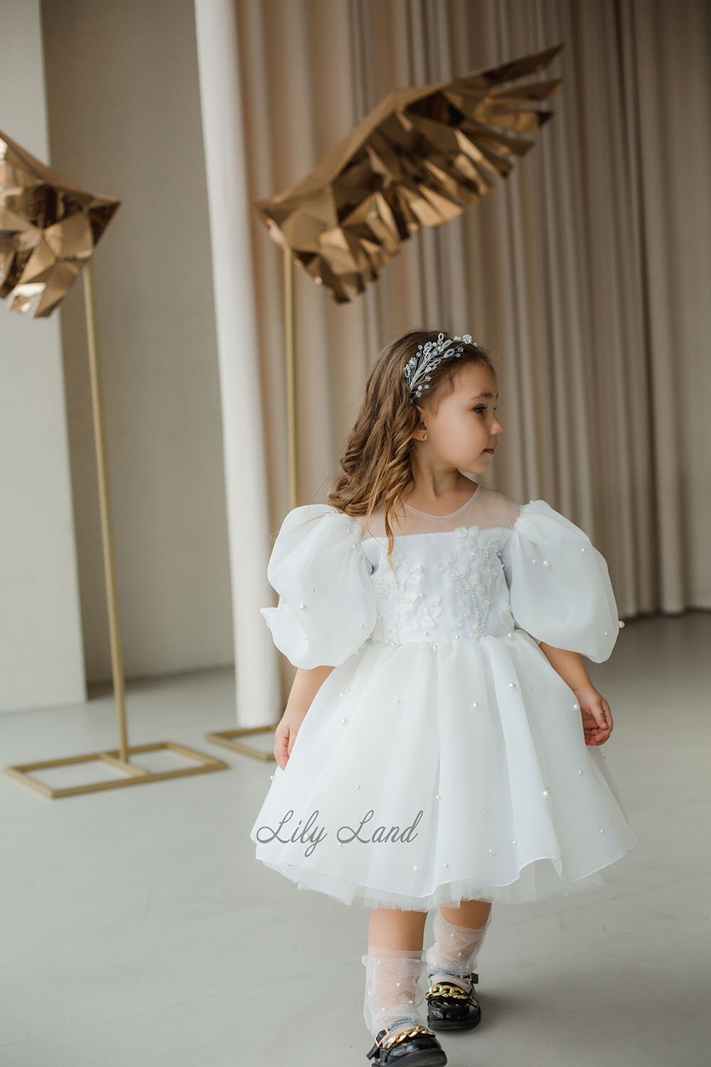Flower Girl Dress Tulle Ivory With Sage Green Sash, White