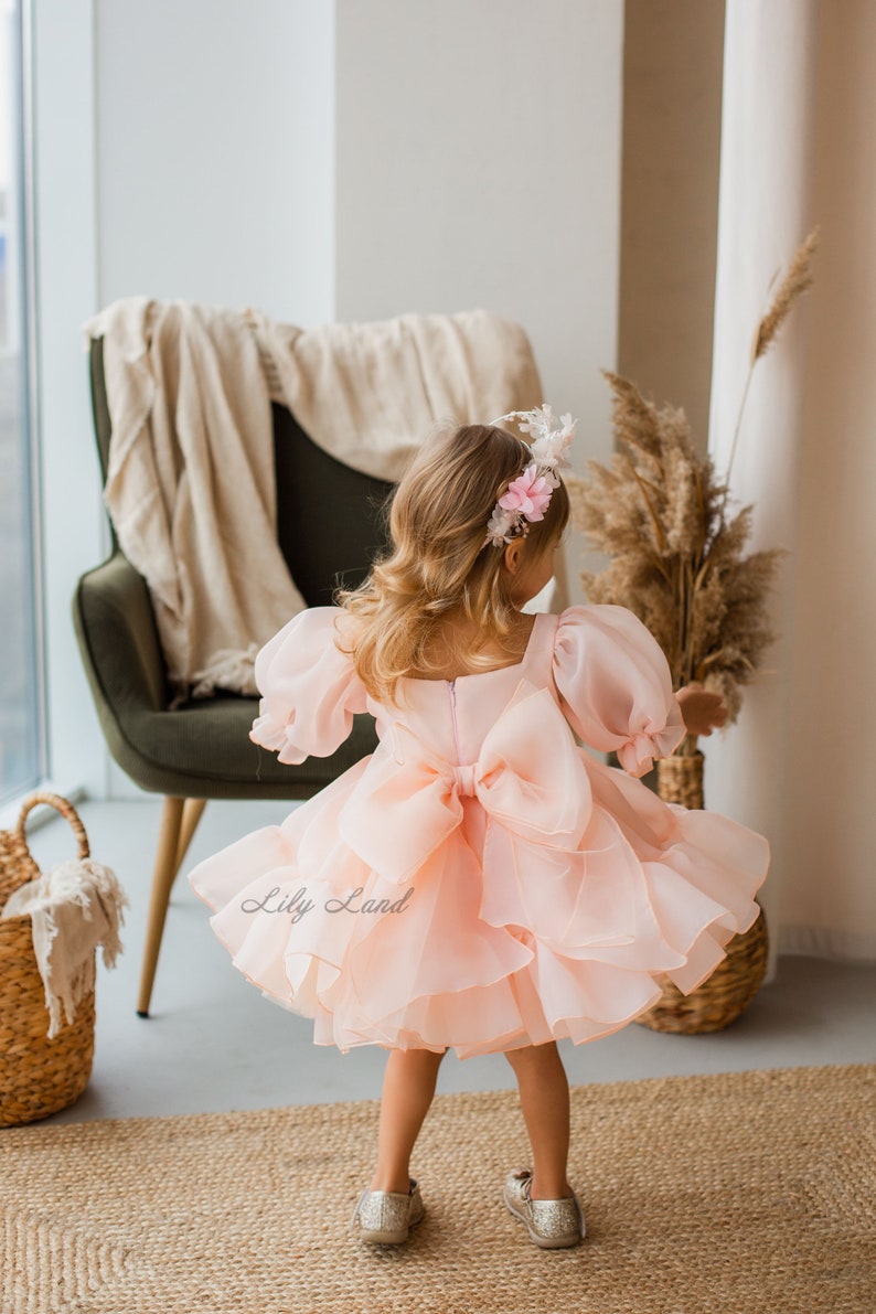 May include: A little girl wearing a light pink tulle dress with a large bow in the back. The dress has puffed sleeves and a ruffled skirt. The girl is wearing a flower crown and is standing on a rug.
