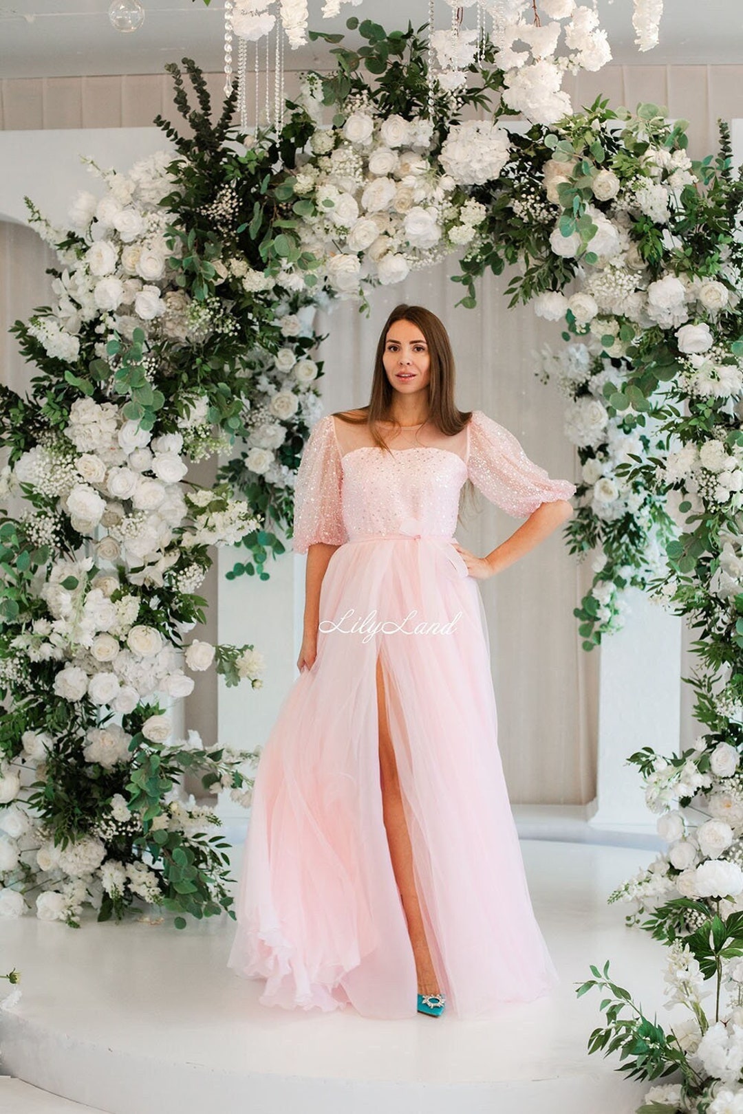 pink glitter tulle dress Light Pink Glitter Tulle Princess Ball Gown | Off-Shoulder Quinceañera Dress  with Puffy Sleeves GL3546