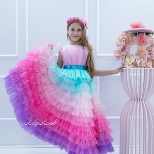 Multicolored Ombre Flower Girl Dress, Prom Ball Pageant Gown, Maxi Birthday Dress, Rainbow Special Occasion Wedding Guest Dance Dress