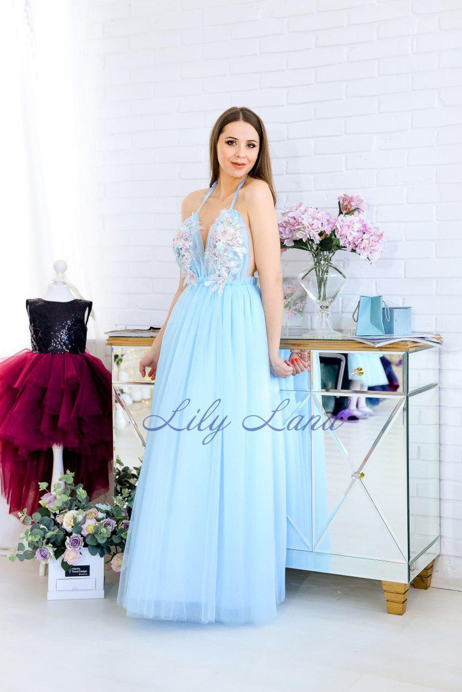 Light Blue Wedding Guest Dress Floral Pattern Deep V Neck Boho - Etsy