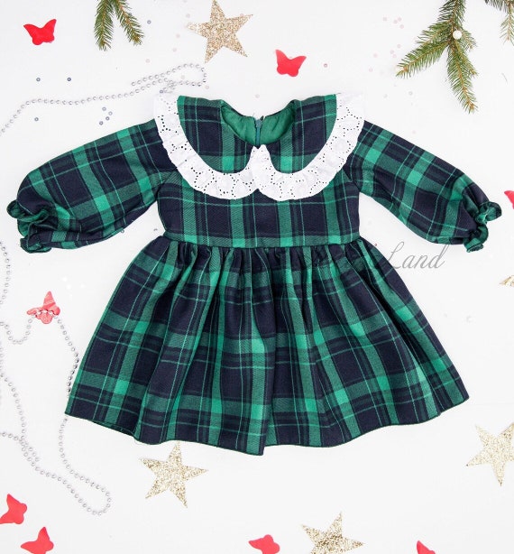 READY TO SHIP -size 9-12- Christmas Plaid Girl Green Long Sleeve Winter Holiday  Dress, Xmas Photoshoot Flannel Baby Dress, Birthday Wear - Etsy