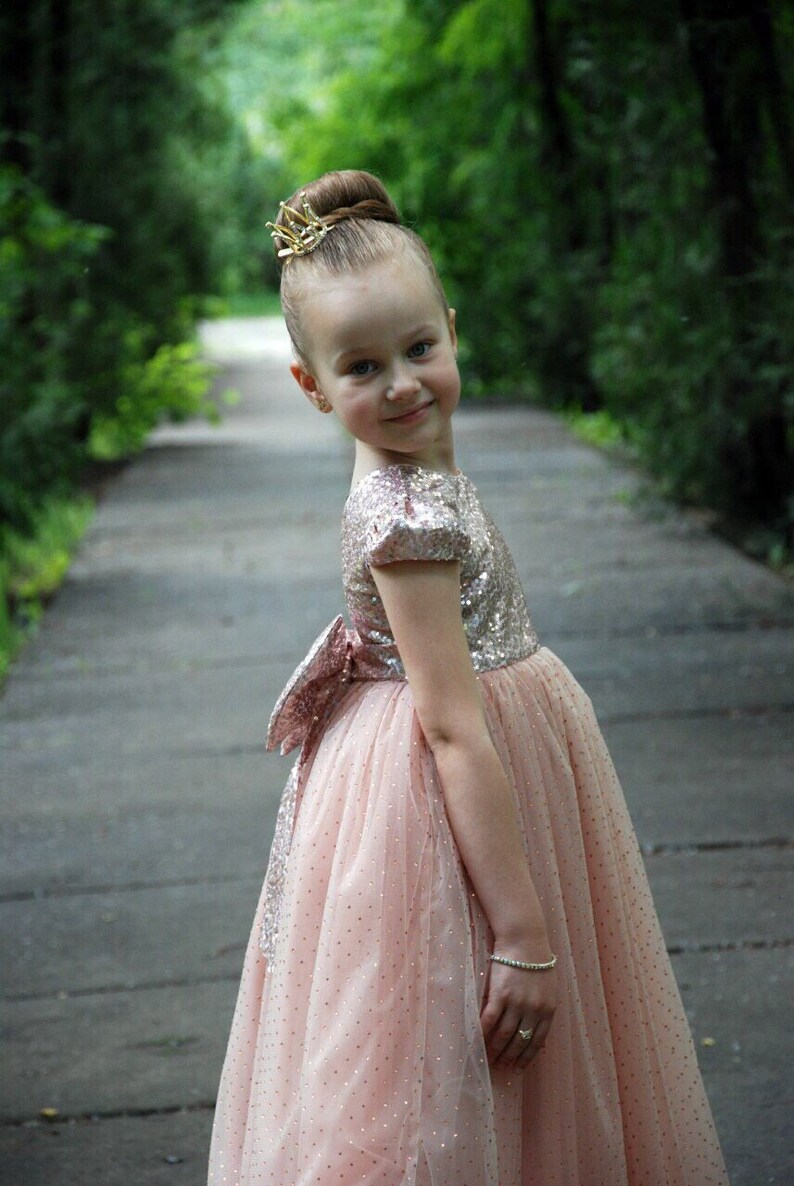 Rose Gold Sequin Girls Dress Sequin Dress Tulle Dress With Beads Rose Gold Wedding Floor Length Dress Pageant Girl Dress Photoshoot Dress