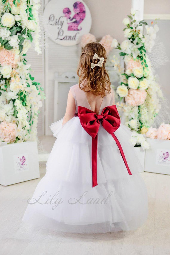 White Wedding Girl Dress Stunning Dress Red Bow Flower Girl Etsy