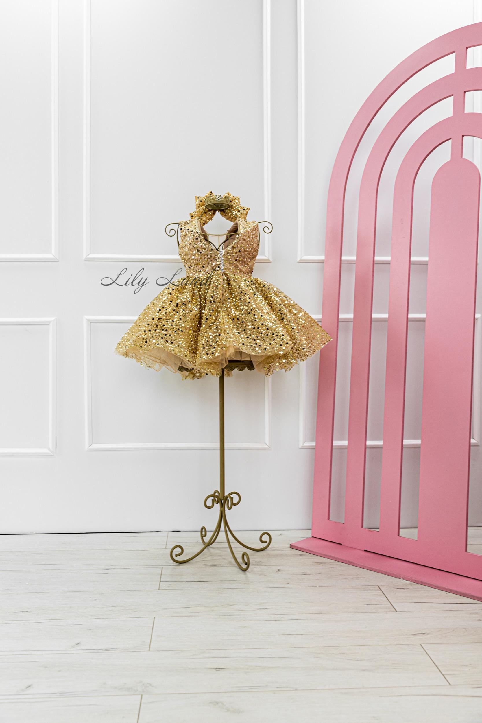 Gold Sparkling Tutu Birthday Baby Dress, Flower Girl, Special Occasion Prom Gown, Wedding Guest Pageant Smash Cake Outfit, V-neck Bow Dress