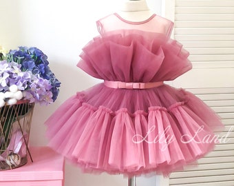 Birthday dusty rose baby dress, short puffy flower girl dress, tutu tulle ruffled dress for party, pagean prom dress, wedding guest wear