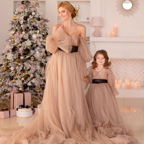 Champagne Wedding Matching Dresses Cappuccino Gold Dress off Shoulder  Wedding Party Dress Beige Dress Matching Mother Daughter Outfits - Etsy