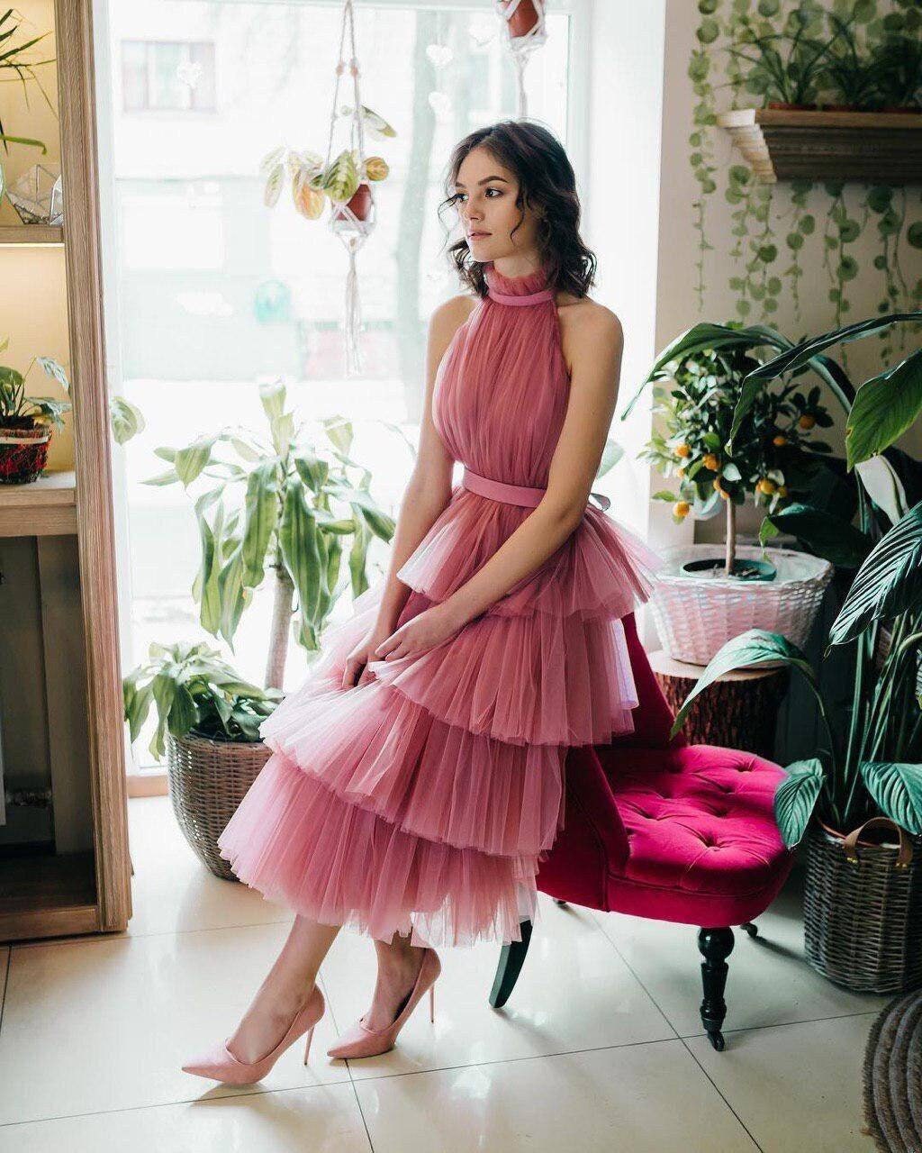 Hot Pink Wedding Guest Dress, Tulle Women Mauve Tea Length Dress, Bridesmaid dresses, Photoshoot Dress, Ruffled Evening Gown, Prom Dress