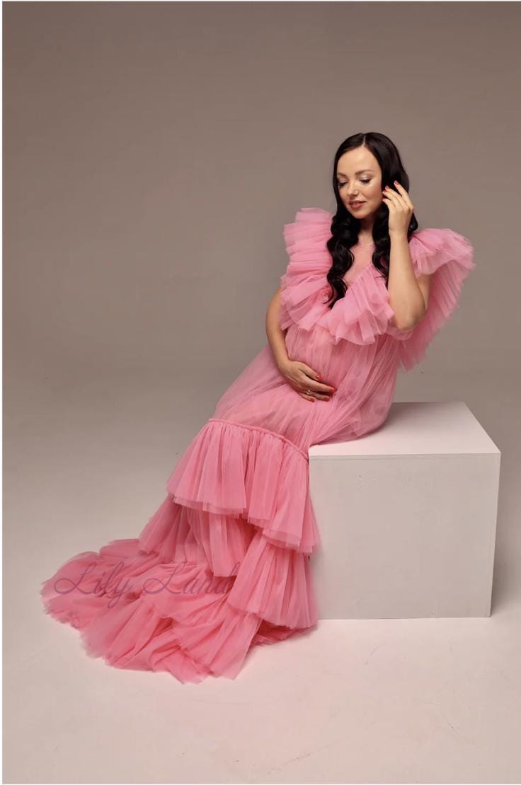 pink fluffy maternity dress Soft Tulle Ruffles Sexy Long Sleeve Slit Pleated Maternity Dress For Photoshoot