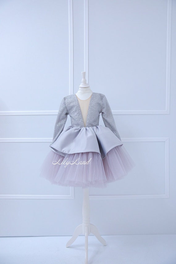 Silver Long Sleeve Glitter Dress, First Birthday Baby Sparkling Party Outfit, Christmas Photoshoot Girl Dress, Winter Holiday Pageant Xmas