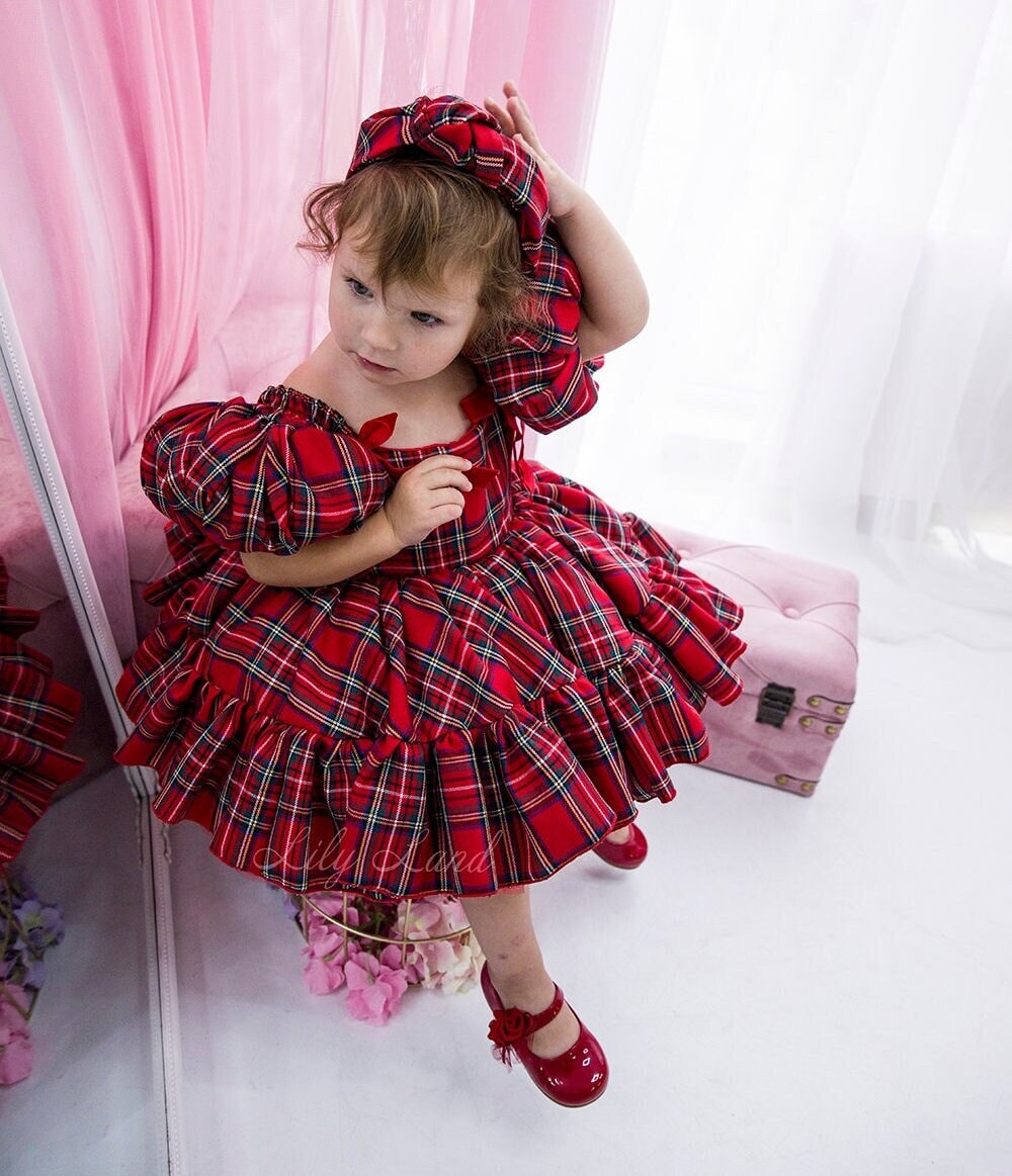 Red Plaid Christmas Gown for Baby Girl Christmas Photoshoot Costume Short Puffy Sleeve Tutu Toddler Dress Flannel Baby Dress