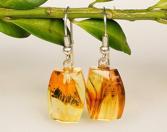 Lemon color clear mini rectangle shape amber earrings/ shiny yellow amber women earrings with silver/ unique handmade amber gift for wife