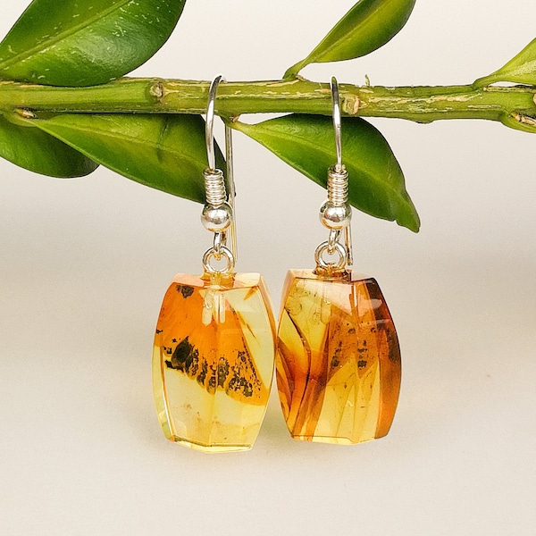 Lemon color clear mini rectangle shape amber earrings/ shiny yellow amber women earrings with silver/ unique handmade amber gift for wife