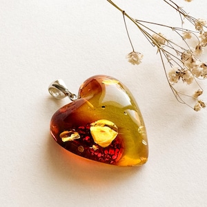 Natural amber shiny light cherry color heart shaped pendant for girlfriend, large bright orange amber, honey gold amber silver gift pendant