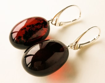 Royal cherry amber resin earrings with silver 925 lever back, natural baltic amber flat round women earrings, new design dark red amber