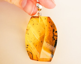 Clear lemon & light green genuine amber pendant, natural amber golden color original shape pendant, sterling silver 925 wow pendant gift her