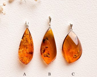 Royal cognac genuine amber small pendant, natural amber golden color twisted drop shape pendant, amber pendant silver gold plated gift women