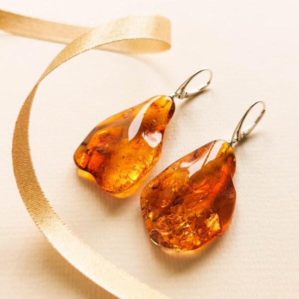 Natural amber boho light cognac color unique triangle shape earrings/ women earrings bright orange gemstone/ natural shape amber with silver