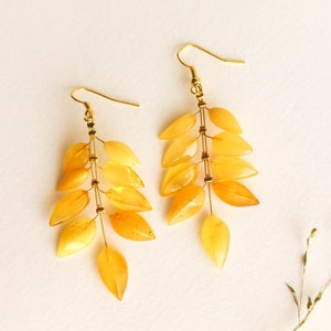 Light wire light yellow amber earrings, flower leaf earrings, butterscotch amber and brass gold plated, milky long amber earrings for her image 1