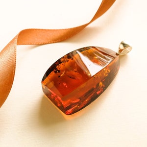 Natural amber pendant large cognac color, clear massive amber pendant silver for women, unique geometrical rectangle shape amber gift her