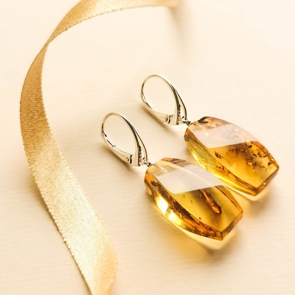 Natural Baltic amber Green color earrings, rectangle faceted shape amber, minimal earrings, clear amber stone, original genuine amber silver