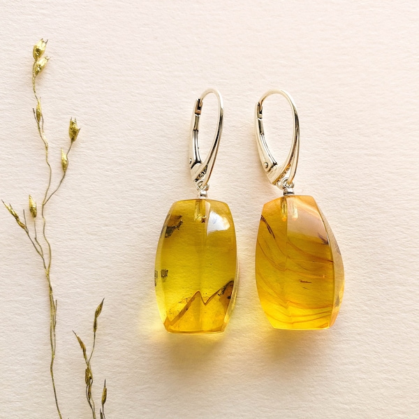 Clear lemon color minimal rectangle shape amber earrings/ amber with branches and bits inside earrings/ unique handmade amber gift for wife